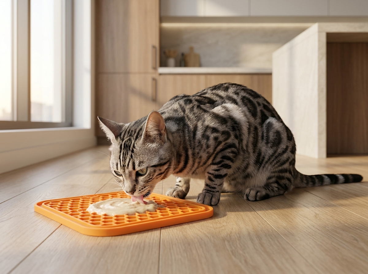 Grey Bengal cat licking treat paste from the Purrwell Calm Mat on a kitchen floor