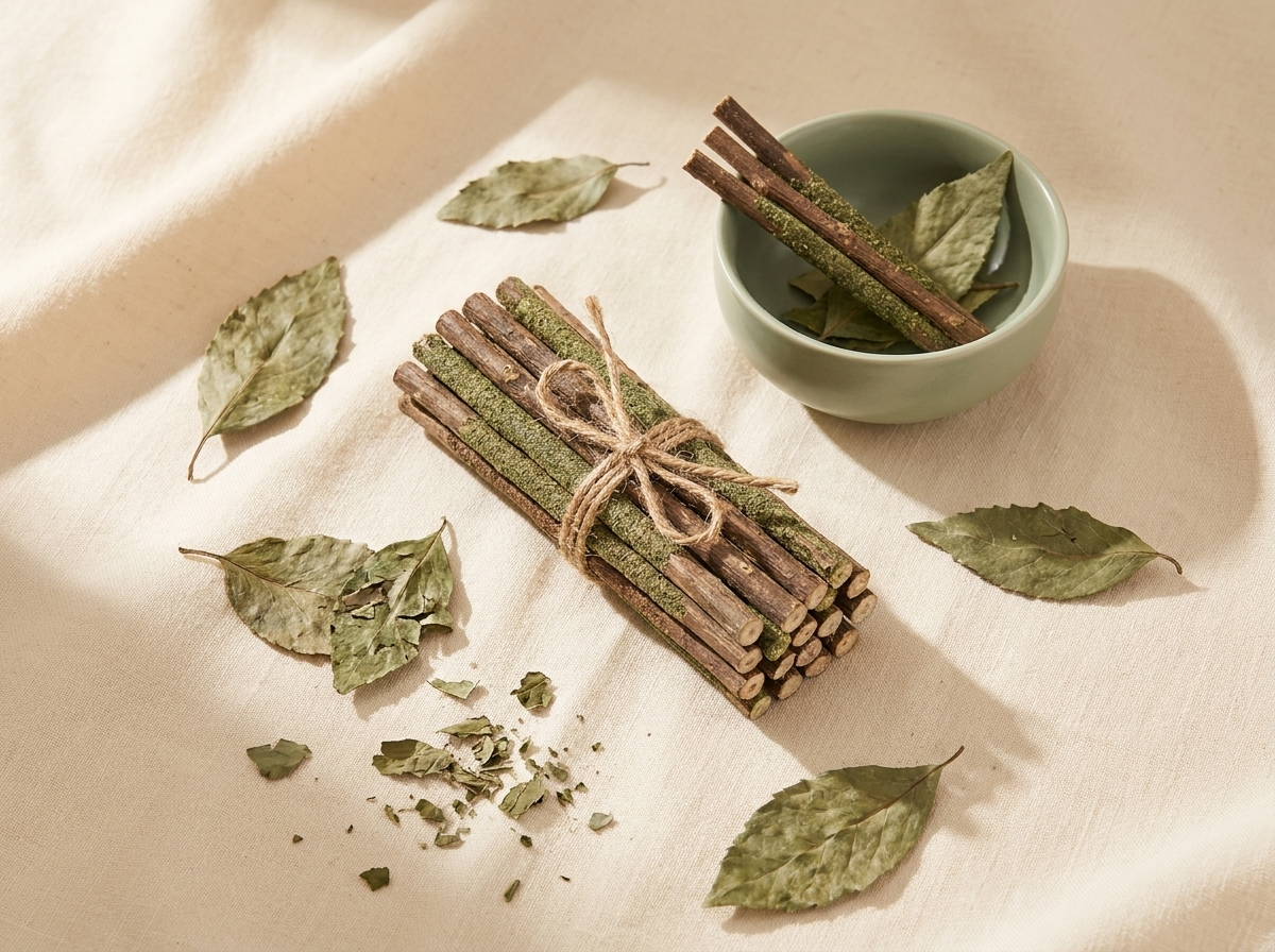 Purrwell silvervine chew sticks tied with twine on cream linen