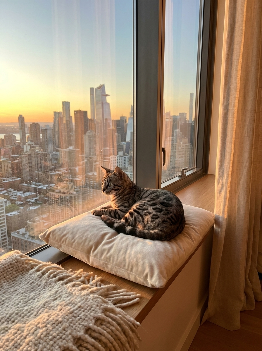 Grey Bengal cat lounging on a high-rise windowsill at golden hour